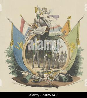 Médaillon avec des chasseurs bénévoles de l'Université des sciences appliquées de Leyde, 1830, médaillon allégorique avec une représentation de quelques chasseurs bénévoles de l'Université des sciences appliquées de Leyde, 1830. Sur le sol devant le médaillon se trouvent des armes et des parties de l'armure des armoiries de la ville de Leyde. Bannières de chaque côté, au sommet des attributs de l'étude universitaire : livres, stylo et papier, avec un putto soufflant une corne. Cette copie avec les signatures de l'imprimeur et de l'éditeur. Voir aussi le pendentif., estampe, imprimeur : Michel Mourot, (mentionné sur l'objet), imprimeur : Johannes Paulus Banque D'Images