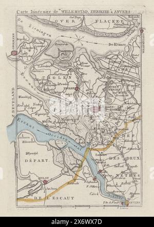 Carte de la région autour de Bergen op Zoom, CA. 1830, carte itinéraire de Willemstad, Zierikzee à Anvers (titre sur l'objet), carte de la région autour de Bergen op Zoom, CA. 1830. Possiblement au moment du bombardement d'Anvers, le 27 octobre 1830., imprimeur : anonyme, après dessin par : monogrammist JBDB, (mentionné sur l'objet), éditeur : Evert Maaskamp, (attribué à), imprimeur : Belgique, Editeur : Amsterdam, 1830 - 1831, papier, gravure, gravure, hauteur, 168 mm × largeur, 116 mm Banque D'Images