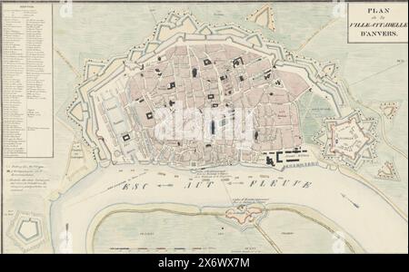 Carte d'Anvers et de la Citadelle, 1830, Plan de la ville et Citadelle d'Anvers (titre sur l'objet), carte de la ville d'Anvers avec la Citadelle, après le bombardement par les Hollandais le 27 octobre 1830. Les positions sur l'Escaut sont celles des frégates et canonnières néerlandaises. A gauche dans une boîte la légende 1-100., impression, imprimeur : anonyme, pays-Bas, 1830 - 1831, papier, hauteur, 434 mm × largeur, 581 mm Banque D'Images