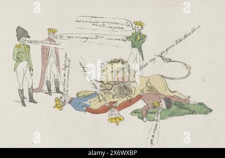 Caricature sur la déclaration de guerre des pays-Bas sur la Belgique, 1831, caricature sur la déclaration de guerre des pays-Bas sur la Belgique avec le rejet des XVIIIe articles le 28 juillet 1831. Les rois français, britanniques et belges tentent en vain d'enchaîner le lion hollandais. Les empereurs de Russie et d'Autriche et le roi de Prusse regardent., imprimé, imprimeur : anonyme, pays-Bas, 1831, papier, hauteur, 210 mm × largeur, 338 mm Banque D'Images