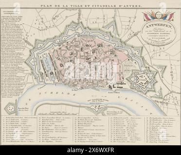 Carte d'Anvers avec la Citadelle, 1831, Plan de la ville et Citadelle d'Anvers (titre sur l'objet), carte de la ville d'Anvers, avec la Citadelle à droite, 1831. Sur la gauche une liste des événements les plus importants de la ville, en bas la légende 1-65. En haut à droite un cartouche avec l'inscription 'au profit de la Patrie et de l'armement général ...', et 'chassé. Oct 27 1830.', imprimeur : Willem Cornelis van Baarsel, (mentionné sur l'objet), éditeur : François Joseph Weygand, (mentionné sur l'objet), imprimeur : pays-Bas, éditeur : Amsterdam, 1831, papier, gravure Banque D'Images