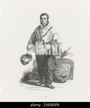 Le portier d'Amsterdam, 1840-1841, le portier d'Amsterdam, homme debout avec des bagages. Copie séparée d'une illustration de : un livre avec des croquis de personnages, des professions et des costumes de types folkloriques hollandais de 1841. Numéroté : 26, estampe, imprimeur : Henry Brown, après dessin par : Michel Mourot, (mentionné sur l'objet), pays-Bas, 1840 - 1841, papier, gravure sur bois, hauteur c. 275 mm × largeur c. 182 mm Banque D'Images