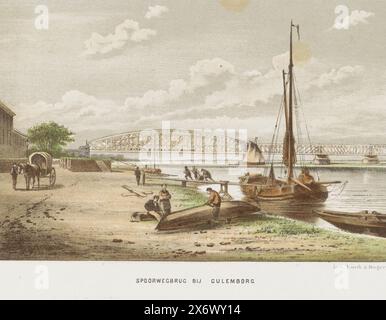 Pont de chemin de fer de Kuilenburg près de Culemborg, 1868, pont de chemin de fer près de Culemborg (titre sur l'objet), les ponts de chemin de fer principaux aux pays-Bas (titre de série), pont de chemin de fer de Kuilenburg sur le lek près de Culemborg, mis en service en 1868. Plaque dans un livret de 1874 avec huit plaques de ponts ferroviaires construits aux pays-Bas des années 1846-1874., imprimeur, imprimeur : anonyme, imprimeur : Emrik & Binger, (mentionné sur l'objet), éditeur : Broese & Comp., imprimeur : pays-Bas, imprimeur : Haarlem, éditeur : Breda, 1872 - 1874, papier, hauteur, 215 mm × largeur, 292 mm Banque D'Images