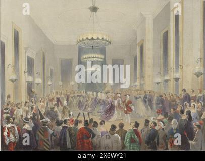 Le Bal Costumé donné au Palais de S.A.R. Monseigneur le Prince d'Orange le 26 février 1845 (titre sur objet), salle de bal où huit couples dansent le pavane. Le roi Willem II regarde à gauche. Partie de la tôle du bal costumé tenu au palais du prince d'Orange (futur roi Guillaume III) à la Haye le 26 février 1845. Dans une couverture avec la description imprimée par le Comte de Guldenlew., estampe, imprimeur : Elias Spanier, (mentionné sur l'objet), après dessin par : Charles Rochussen, (mentionné sur l'objet), imprimeur : la Haye, après dessin par : pays-Bas, 1845, papier Banque D'Images