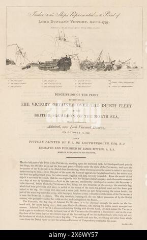 Key to the print of the Battle of Kamperduin, 1797, Description de l'empreinte représentant la victoire obtenue sur la flotte néerlandaise par l'escadron britannique de la mer du Nord, sous le commandement de l'amiral, aujourd'hui lord vicomte Duncan, le 11 octobre 1797 (titre sur l'objet), clé et description de l'empreinte de la victoire britannique dans la bataille navale de Kamperduin le 11 octobre 1797 entre la flotte batave commandée par le vice-amiral Jan Willem de Winter et une flotte britannique commandée par l'amiral Adam Duncan. Feuille imprimée des deux côtés avec du texte, sur le devant, en haut, une représentation schématique du Banque D'Images