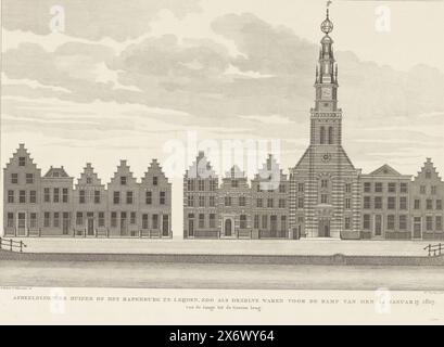 Image des maisons de la Rapenburg à Leijden, telles qu'elles étaient avant la catastrophe du 12 janvier 1807. De la Lange au Groenebrug (titre sur objet), vue des maisons du Steenschuur, un canal dans le prolongement de la Rapenburg, à Leyde, en bon état avant l'explosion du navire à poudre à canon le 12 janvier 1807. Du Langebrug au Groenebrug. Partie d'un groupe de quatre planches contiguës., estampe, imprimeur : Daniël Vrijdag, (mentionné sur l'objet), après dessin par : A. Polet, (mentionné sur l'objet), après dessin par : J. Timmermans, (mentionné sur l'objet), pays-Bas, 1807 Banque D'Images