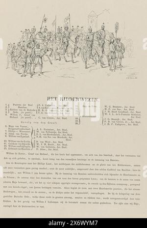 Utrecht Mascarade of 1851 : Christendom, 719, Het Christendom (titre sur objet), Sketch, explication and explication of the Mascarade (titre de la série sur objet), épisode de la christianisation des pays-Bas, 719. Avec la légende 1-17 avec les noms des étudiants et ci-dessous un texte sur l'événement proposé. Partie du livret avec huit représentations réduites des huit estampes de la série de la mascarade des étudiants d'Utrecht, 25 juin 1851. La mascarade représente huit épisodes de l'histoire nationale en scènes., estampe, imprimeur : F.W. Boom, (mentionné sur l'objet), Utrecht Banque D'Images