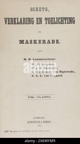 Livret de la série d'estampes de la mascarade des étudiants d'Utrecht, 1851, croquis, explication et explication de la mascarade (titre de la série sur objet), livret avec huit représentations réduites des huit estampes de la série de la mascarade des étudiants d'Utrecht, juin 25 1851. La mascarade représente huit épisodes de l'histoire nationale en scènes., feuille de texte, imprimeur : F.W. Boom, (mentionné sur l'objet), éditeur : Dannenfelser & Doorman, (mentionné sur l'objet), Utrecht, 1851, papier, typographie, hauteur, 230 mm × largeur, 153 mm Banque D'Images