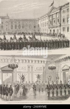 Visite du roi Guillaume III à l'empereur Napoléon III, 1861, arrivé de sa Majesté le roi des pays-Bas au château de Compiègne, sa Majesté le roi des pays-Bas traversant la galerie des cent-gardes (titre sur objet), deux représentations de la visite du roi Guillaume III et de son épouse à la cour de l'empereur Napoléon III, 1861. Au sommet, l’arrivée du couple royal au Château de Compiègne. En bas, la réception du roi et de sa femme à la Galerie des cent-gardes. Feuille tirée d'un magazine, imprimée au dos avec du texte., impression, imprimeur : Provustet Godefroy, ( Banque D'Images