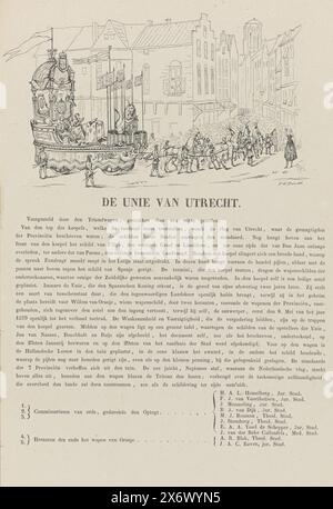 Mascarade d'Utrecht de 1851 : Union d'Utrecht en 1579, Union d'Utrecht (titre sur objet), esquisse, explication et explication de la mascarade (titre de la série sur objet), épisode de la guerre de quatre-vingts ans, Union d'Utrecht en 1579. Avec la légende 1-5 avec les noms des étudiants et en dessous un texte sur l'événement proposé. Partie du livret avec huit représentations réduites des huit estampes de la série de la mascarade des étudiants d'Utrecht, 25 juin 1851. La mascarade représente huit épisodes de l'histoire nationale dans des scènes., print, print maker : F.W. Boom, (mentionné sur Banque D'Images