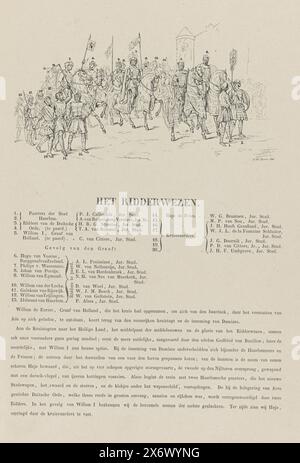 Utrecht Mascarade of 1851 : Ridderwezen, 1217, Het Ridderwezen (titre sur objet), Sketch, explication and explication of the Mascarade (titre de la série sur objet), épisode de la chevalerie aux pays-Bas, 1217. Avec la légende 1-20 avec les noms des étudiants et ci-dessous un texte sur l'événement proposé. Partie du livret avec huit représentations réduites des huit estampes de la série de la mascarade des étudiants d'Utrecht, 25 juin 1851. La mascarade représente huit épisodes de l'histoire nationale en scènes., estampe, imprimeur : F.W. Boom, (mentionné sur l'objet), Utrecht, 1851 Banque D'Images