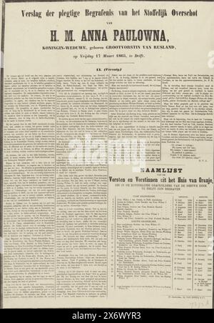 Compte rendu des funérailles solennelles des restes de S.M. Anna Pavlovna, Reine douairière, née Grande-Duchesse de Russie, le vendredi 17 mars 1865, à Delft. II (suite) (Titre sur l'objet), Description des funérailles de la défunte reine Anna Paulowna à Delft le 17 mars 1865. En bas à droite une liste de noms des princes et des reines de la Maison d'Orange, qui sont dans les cryptes royales des Nieuwe Kerk ont été enterrés à Delft. Suite du rapport décrit à la première page., feuille de texte, imprimeur : Van Bonga & Co, (mentionné sur l'objet), Amsterdam, 1865, papier, typographie, hauteur, 495 mm Banque D'Images