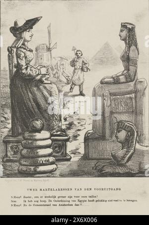 Caricature sur l'excavation de la Hollande à son plus étroit, 1860, deux martyrs du progrès (titre sur l'objet), caricature sur les plans de l'excavation de la Hollande à son plus étroit pour le canal de la mer du Nord. La femme d'un fermier de Hollande du Nord tricotant à côté d'une pile de fromages, assise en face d'une Suez en colère, une égyptienne avec un sphinx. Plaque publiée dans le magazine hebdomadaire de Nederlandsche Spectator, no. 2, 14 janvier 1860., imprimeur, imprimeur : Johan Michaël Schmidt Crans, imprimeur : H.L. Smits, éditeur : Dirk Anthonie Thieme, (mentionné sur l'objet), imprimeur : pays-Bas, imprimeur Banque D'Images