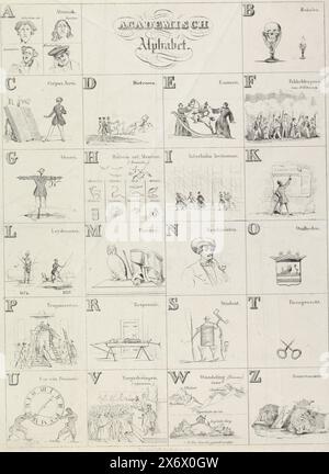 Caricature de l'almanach étudiant de Leyde, 1838, Alphabet académique (titre sur objet), caricature de l'almanach étudiant de l'Université de Leyde de l'année 1838. Feuille avec 22 petites représentations par lettre A-Z., estampe, imprimeur : François Desterbecq, après dessin par : Samuel constant Snellen van Vollenhoven, éditeur : Leendert Herdingh en zoon, (mentionné sur l'objet), imprimeur : pays-Bas, après dessin par : pays-Bas, éditeur : Leiden, 1838, papier, hauteur, 415 mm × largeur, 308 mm Banque D'Images