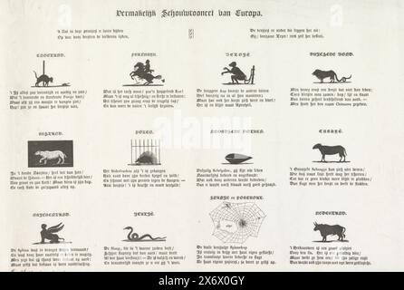 Caricature de l'almanach étudiant de Leyde, 1841, Vermakelijk Schouwtooneel van Europa (titre sur objet), caricature de l'almanach étudiant de l'Université de Leyde de l'année 1841. Feuille avec 12 petites représentations d'animaux avec un couplet de quatre lignes, chacune représentant un pays., impression, imprimeur : anonyme, après conception par : Simon Vissering, (mentionné sur l'objet), pays-Bas, 1841, papier, typographie, hauteur, 278 mm × largeur, 445 mm Banque D'Images