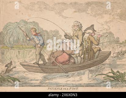 Pêcheurs dans un bateau, patience dans un punt (titre sur l'objet), caricature avec quatre personnages dans un bateau, un jeune homme punting, deux hommes pêchant avec des cannes à pêche, un quatrième homme assis sur une chaise fumant une pipe., impression, imprimeur : anonyme, après dessin par: Henry William Bunbury, (mentionné sur l'objet), Angleterre, 1775 - 1825, papier, gravure, hauteur, 250 mm × largeur, 354 mm Banque D'Images