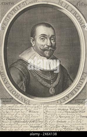 Portrait de Maarten Tromp, Portrait de l'amiral Maarten Harpertszoon Tromp à l'âge de 41 ans avec un médaillon autour du cou. En marge un poème épique sur Tromp., estampe, imprimeur : Crispijn van den Queborn, (mentionné sur l'objet), après peinture par : Simon de Vlieger, (mentionné sur l'objet), éditeur : Abraham van Waesberge (I), (mentionné sur l'objet), imprimeur : la Haye, éditeur : Amsterdam, 1639, papier, gravure, hauteur, 257 mm × largeur, 172 mm Banque D'Images