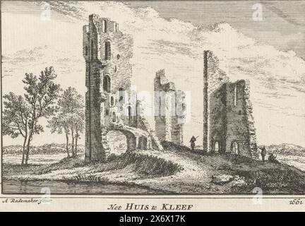 Vue des ruines de huis ter Kleef à Haarlem, 1661, la maison à Kleef 1661 (titre sur l'objet), vue des ruines de huis ter Kleef à Haarlem, telle qu'elle ressemblait vers 1661., imprimerie, imprimeur : Abraham Rademaker, (mentionné sur l'objet), éditeur : Willem Barents, éditeur : Antoni Schoonenburg, Amsterdam, 1727 - 1733, papier, gravure, hauteur, 80 mm × largeur, 115 mm Banque D'Images