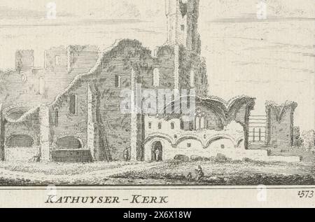 Vue des ruines de l'église chartreuse près de Delft, 1573, Kathuyser-Kerk 1573 (titre sur l'objet), vue des ruines de l'église du monastère chartreux 'Sint-Bartholomeus à Jérusalem' près de Delft, qui a été détruit en 1572, dans la situation vers 1573 à droite la tour battue et quelques figures au premier plan., imprimerie, imprimeur : Abraham Rademaker, (mentionné sur l'objet), éditeur : Willem Barents, éditeur : Antoni Schoonenburg, Amsterdam, 1727 - 1733, papier, gravure, hauteur, 80 mm × largeur, 115 mm Banque D'Images