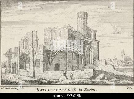 Vue des ruines de l'église chartreuse près de Delft, 1573, église Kathuyser à Ruudine 1573 (titre sur l'objet), vue des ruines de l'église au monastère chartreux 'Sint-Bartholomeus à Jérusalem' près de Delft, détruit en 1572, dans la situation vers 1573. Au premier plan quelques figures. Dans le fond les contours de Delft., estampe, imprimeur : Abraham Rademaker, (mentionné sur l'objet), éditeur : Willem Barents, éditeur : Antoni Schoonenburg, Amsterdam, 1727 - 1733, papier, gravure, hauteur, 80 mm × largeur, 115 mm Banque D'Images