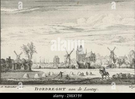 Vue de Dordrecht, 1650, Dordreght aan de lantzy 1650 (titre sur l'objet), vue de Dordrecht, vue du terrain dans la situation vers 1650. Au premier plan, les agriculteurs travaillent dans un champ avec des bottes de foin et un cavalier. En arrière-plan la Grote Kerk et un certain nombre de moulins à vent et de maisons., imprimeur, imprimeur : Abraham Rademaker, (mentionné sur l'objet), éditeur : Willem Barents, éditeur : Antoni Schoonenburg, Amsterdam, 1727 - 1733, papier, gravure, hauteur, 80 mm × largeur, 115 mm Banque D'Images