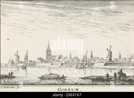 Vue de Gorinchem, Gorkum (titre sur l'objet), vue de Gorinchem, l'église et le rempart. Au premier plan la rivière Merwede avec une barge de foin et un certain nombre de voiliers. Sur le rivage quelques pêcheurs et un cavalier., imprimeur, imprimeur : Abraham Rademaker, (mentionné sur l'objet), éditeur : Willem Barents, éditeur : Antoni Schoonenburg, Amsterdam, 1727 - 1733, papier, gravure, hauteur, 80 mm × largeur, 115 mm Banque D'Images