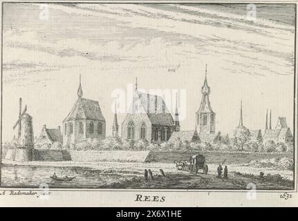 Vue de Rees, Rees 1631 (titre sur l'objet), vue de la ville allemande de Rees sur le Rhin inférieur, telle qu'elle ressemblait vers 1631. Derrière la muraille de la ville, les toits des maisons et l'église., imprimeur, imprimeur : Abraham Rademaker, (mentionné sur l'objet), éditeur : Willem Barents, éditeur : Antoni Schoonenburg, Amsterdam, 1727 - 1733, papier, gravure, hauteur, 80 mm × largeur, 115 mm Banque D'Images