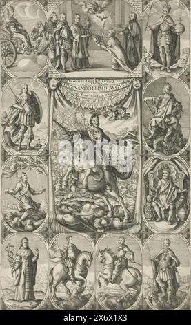 Représentation allégorique de l'empereur Ferdinand III, portrait équestre de Ferdinand III, archiduc d'Autriche et empereur du Saint-Empire romain germanique, en tant que vainqueur. Au-dessus de sa tête un ange avec une couronne de laurier. Le portrait de Ferdinand III est encadré par des portraits de ses prédécesseurs, également représentés comme vainqueurs., estampe, imprimeur : Petrus Rucholle, (mentionné sur l'objet), Anvers, 1640, papier, gravure, hauteur, 312 mm × largeur, 194 mm Banque D'Images