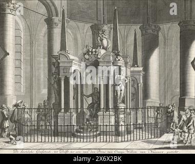 Le tombeau de Guillaume d'Orange, 1623, de kostenlyke Grafsteede, à Delft, en l'honneur du prince d'Orange, Willem van Nassauw, fonde (titre sur objet), le tombeau ou mausolée de Guillaume d'Orange dans le Nieuwe Kerk à Delft, achevé en 1623. Avec les visiteurs autour de la clôture., imprimeur, imprimeur : Jan Luyken, pays-Bas du Nord, 1678 - 1680 et/ou 1730, papier, gravure, hauteur, 276 mm × largeur, 351 mm Banque D'Images