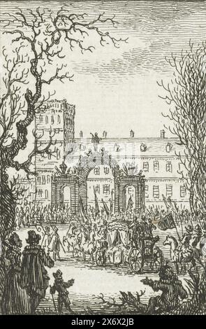 L'arrivée du comte de Leicester à la Haye, 1586, l'arrivée de Robert Dudley, comte de Leicester, à la Haye le 6 janvier 1586. Réception festive de la calèche avec le comte à une porte triomphale., imprimerie, imprimeur : Simon Fokke, pays-Bas du Nord, 1722 - 1784, papier, gravure, hauteur, 101 mm × largeur, 57 mm Banque D'Images
