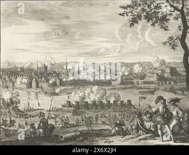 Siège et prise de tombe par le duc de Parme, 1586, siège et prise de tombe par le duc de Parme, 6 juin 1586. Vue de la ville depuis la position des troupes espagnoles assiégeantes. Au milieu, les troupes prennent d'assaut une brèche dans les murs de la ville., imprimeur, imprimeur : Jan Luyken, après sa propre conception par : Jan Luyken, pays-Bas du Nord, 1678 - 1680, papier, gravure, gravure, hauteur, 276 mm × largeur, 351 mm Banque D'Images