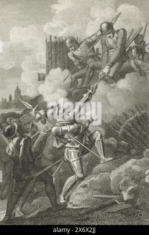 Acte héroïque de Sir William Russell pendant le siège de Zutphen, 1586, acte héroïque de Sir William Russell pendant le siège de Zutphen par les troupes du comte de Leicester, septembre et octobre 1586. Russell grimpe une redoute ennemie le long de la lance d'un défenseur., impression, imprimeur : Philippus Velijn, (mentionné sur l'objet), après dessin par : Jacob Smies, (mentionné sur l'objet), pays-Bas, 1823 - 1829, papier, gravure sur acier, hauteur, 215 mm × largeur, 144 mm Banque D'Images