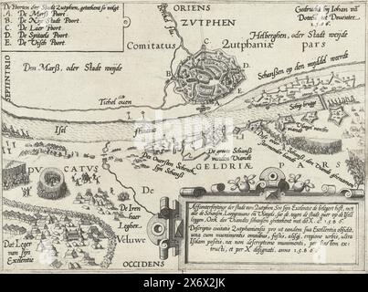 Siège de Zutphen par Leicester, 1586, Affconterfeijtinge de la ville de Zutphen, Soe son Exelitie la hauteur assiégeante, avec toutes les fortifications, tranchées et [les] murs, à poser contre la ville, sur l'Isell, Oeck des Viandts fortifications correspond à ce X. ao. 1.5.86 (titre sur objet), Descriptio civitatis Zutphaniensis pro ut eandem sua Excellentia obsidit (...) anno 1.5.86 (titre sur objet), Siège de Zutphen par les troupes du comte de Leicester, septembre et octobre 1586. Vue sur Zutphen et les forts anglais et espagnols le long de l'IJssel, sur la droite le pont des navires Banque D'Images