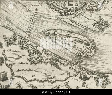 Siège de Zutphen par Leicester, 1586, siège de Zutphen par les troupes du comte de Leicester, septembre et octobre 1586. Vue sur Zutphen et les fortifications anglaises et espagnoles le long de l'IJssel. Avec légende de 4 lignes en latin. Numéroté 189. Imprimé au dos avec texte en latin., impression, imprimeur : Simon Frisius, après impression par : Frans Hogenberg, pays-Bas du Nord, 1613 - 1615, papier, gravure, hauteur, 136 mm × largeur, 160 mm Banque D'Images