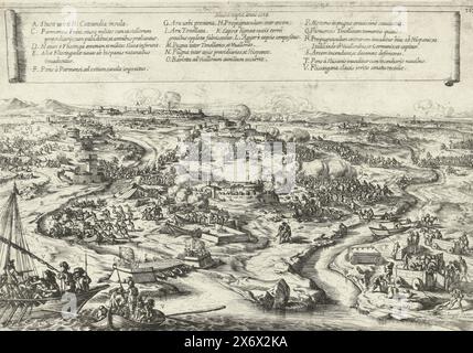 Siège de Sluis par Parme, 1587, Slusa capta anno 1588 (titre sur objet), siège et capture de Sluis par l'armée de Parme, 5 août 1587. Aperçu des batailles entourant le siège, les tentatives de soulagement et la capture de Sluis. Au premier plan à gauche, les navires de la flotte de Leicester sont fermés à l'eau par les navires de Parme. La ville au loin. En haut une banderole avec titre et légende A-V en latin., estampe, imprimeur : Jacques Courtois, (mentionné sur l'objet), d'après son propre dessin par : Jacques Courtois, (mentionné sur l'objet), Rome, 1645 - 1647, papier, gravure, hauteur, 302 mm × largeur, 430 Banque D'Images