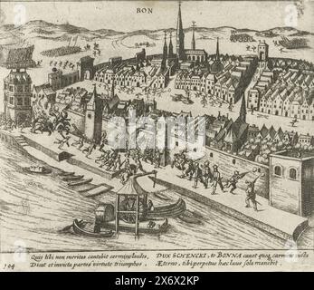 Bonn gagné par Schenck pour Truchsess, 1587, Bonn gagné par Schenck pour Truchsess, 23 décembre 1587. Épisode de la guerre de Cologne. Avec légende de 4 lignes en latin. Numéroté 194. Non imprimé au dos., impression, imprimeur : anonyme, après impression par : Frans Hogenberg, pays-Bas du Nord, 1613 - 1615, papier, gravure, hauteur, 133 mm × largeur, 160 mm Banque D'Images