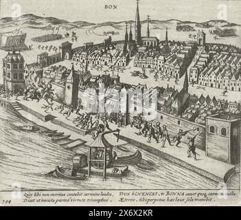 Bonn gagné par Schenck pour Truchsess, 1587, Bonn gagné par Schenck pour Truchsess, 23 décembre 1587. Épisode de la guerre de Cologne. Avec légende de 4 lignes en latin. Numéroté 194. Imprimé au dos avec texte en latin., impression, imprimeur : anonyme, après impression par : Frans Hogenberg, pays-Bas du Nord, 1613 - 1615, papier, gravure, hauteur, 133 mm × largeur, 160 mm Banque D'Images