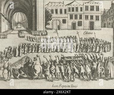 Funérailles de Johann Baptista von Tassis à Cologne, 1588, funérailles de Johann Baptista von Tassis, tué au siège de Bonn, à Cologne, le 26 avril 1588. Épisode de la guerre de Cologne. Avec légende de 4 lignes en latin. Numéroté 195. Imprimé au dos avec texte en latin., impression, imprimeur : Simon Frisius, après impression par : Frans Hogenberg, pays-Bas du Nord, 1613 - 1615, papier, gravure, hauteur, 134 mm × largeur, 161 mm Banque D'Images