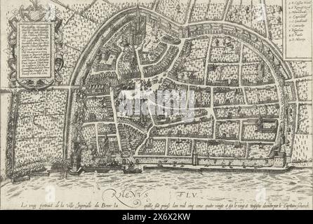 Bonn Won by Schenck for Truchsess, 1587, le vray potraict de la ville Inperialle du Bonn la quelle fut princee lan mil cinq cens quatre vingts et sept le vingt et troisième decembre par le Capitaine Schenck (titre sur objet), Warhafftige Abconterfeytung der Churfurstlichem Stat Bonn (...) (titre sur objet), carte de la ville de Bonn, remportée par Maarten Schenck pour Truchsess, le 23 décembre 1587. Épisode de la guerre de Cologne. En haut à gauche un cartouche avec une inscription de 18 lignes en allemand, en haut à droite la légende 1-9 en allemand., estampe, imprimeur : Peter Pannensmit, (mentionné sur l'objet), Francisco Voss Banque D'Images