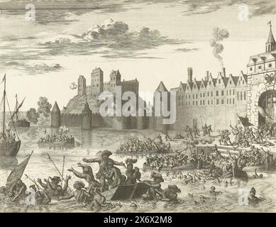 Attaque de Maarten Schenck sur Nimègue, 1589, engagement de Maarten Schenk sur la ville de Nimègue en l'an 1589 (titre sur objet), échec de l'attaque des troupes sous Maarten Schenck sur la ville de Nimègue, 10 août 1589. Épisode de la guerre de Cologne. Alors qu'il fuyait la ville, Schenck se noie dans le Waal., imprimeur, imprimeur : Jan Luyken, d'après sa propre conception par : Jan Luyken, pays-Bas du Nord, 1679 - 1681 et/ou 1730, papier, gravure, hauteur, 275 mm × largeur, 350 mm Banque D'Images