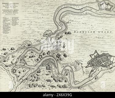 Siège de Zaltbommel, 1599, Bommelia obsessa ab hispanis, exercitus duce Francisco de Mendoza Arragoniae admirante. Conservata armis Ordinum Belgicae Foederatae ductu principis Mauri Nassouii etc. Ao. 1599 (titre sur objet), carte du siège de la ville de Zaltbommel par l'armée espagnole sous Mendoza et défendue par l'armée néerlandaise sous Maurice, mai-juin 1599. Avec les camps des deux armées. Au-dessous du Waal, au-dessus du Maas, la ville de Zaltbommel sur la droite. En haut à gauche le titre en latin et la légende a-t en néerlandais. Texte néerlandais au verso., impression, imprimeur : anonyme, éditeur : Johannes Banque D'Images