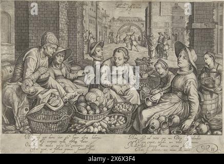 Scène de marché avec la parabole des ouvriers dans la vigne en arrière-plan, vers 1600, scène de marché avec des femmes de marché et des vendeurs de légumes, fromage, volaille, pain, beurre et poterie, sur la gauche un mollet. Scène dans une ville. En arrière-plan la parabole des ouvriers dans la vigne. Avec légende de 2 versets de 4 lignes chacun en latin., estampe, imprimeur : Jacob Matham, (mentionné sur l'objet), après peinture par : Pieter Aertsen, (mentionné sur l'objet), éditeur : Jacob Matham, (mentionné sur l'objet), imprimeur : pays-Bas du Nord, Haarlem, 1603, papier, gravure, hauteur, 235 mm × largeur Banque D'Images