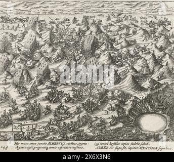 Bataille de Nieuwpoort, 1600, bataille de Nieuwpoort, 2 juillet 1600. Combats sur la plage et dans les dunes entre l'armée d'État sous Maurits et les troupes espagnoles sous Albrecht. En bas à droite un cartouche vide orné des bannières espagnoles capturées. Avec légende de 4 lignes en latin. Numéroté 248. Imprimé au verso avec texte en latin., impression, imprimeur : anonyme, Nord des pays-Bas, 1613 - 1615, papier, gravure, hauteur, 134 mm × largeur, 157 mm Banque D'Images