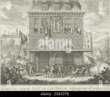 Troubles pendant la pendaison d'un homme et d'une femme au Waag à Amsterdam, 28 juin 1748, exécution devant le Waag à Amsterdam, vendredi 28 juin, Ao. 1748 (titre sur objet), troubles lors de la pendaison d'un homme et d'une femme (Piet van dort et le vendeur de citron et de plie séchée Mat van den Nieuwendijk), deux participants à l'émeute du Pachter, au Waag à Amsterdam, le 28 juin 1748. La milice ouvre le feu sur les spectateurs., estampe, imprimeur : Simon Fokke, (mentionné sur l'objet), d'après son propre dessin par : Simon Fokke, (mentionné sur l'objet), éditeur : Arend Fokke Simonsz., (mentionné sur l'objet Banque D'Images