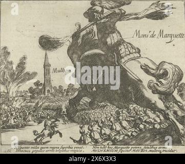 Les Espagnols vaincus par l'armée d'État sous Marquette à Mülheim, en 1608, les Espagnols vaincus par l'armée d'État sous Marquette à Mülheim, en 1608. Au premier plan un cavalier tirant son mousquet. Avec légende de 4 lignes en latin. Numéroté : 280. Imprimé au dos avec texte en latin., impression, imprimeur : Simon Frisius, pays-Bas du Nord, 1613 - 1615, papier, gravure, hauteur, 135 mm × largeur, 161 mm Banque D'Images