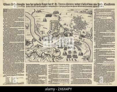 L'armée hollandaise sous Maurice campa près de Wesel, en 1620, véritable représentation de toute l'armée des Gentlemen des États-Unis, sous la direction de son prince. Excellence Maurice de Nassau, Prince d'Orangien etc. avec le bon emplacement de la ville de Wesel et ses lieux environnants (titre sur l'objet), carte de Wesel sur le Rhin et ses environs avec le camp de l'armée d'État sous Maurice, 1620. Tournée du prince Maurits contre Spinola, 15-23 août 1620. En bas à gauche un encart avec une carte du Rijnland. Une description imprimée en 5 colonnes entoure la performance., print, print Maker Banque D'Images