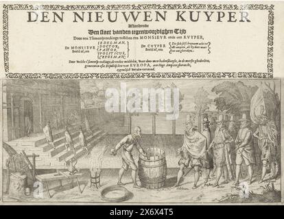 Allégorie du Nieuwe Kuiper, 1621, Den Nieuwen Kuyper représentant l'état du temps présent, à travers un Tsamenspreeckinge entre un Monsieur et un Kuyper (titre sur objet), représentation allégorique du Nieuwe Kuiper, 1621. Imprimer appartenant au poème (manquant ici) Niewe Cuyper de J.J. Starter sur l'ambition et l'ambition et le pouvoir du plaidoyer dans l'obtention de postes en l'an 1621. Un tonnelier au travail parle avec un noble, un docteur, un pasteur, un politicien et un soldat. A gauche un palais ou une cour où les hommes montent les escaliers., imprimeur, imprimeur : anonyme, imprimeur : Pieter Feddes van Banque D'Images