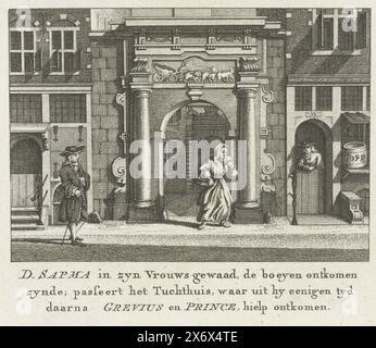 Dominicus Sapma s'échappe dans les vêtements de sa femme des Rasphuis à Amsterdam, 1621, D. Sapma dans la robe de sa femme, les prisonniers s'échappent synde; passe devant les Tuchthuis, d'où il a aidé Grevius et Prince à s'échapper quelque temps plus tard (titre sur objet), le prédicateur remontant Dominicus Sapma van Hoorn s'échappe dans les vêtements de sa femme des Rasphuis à Amsterdam, 22 septembre 1621., estampe, graveur : Barent de Bakker, (attribué à), après dessin par: Hermanus Petrus Schouten, (attribué à), pays-Bas, 1780 - 1782, papier, gravure, hauteur, 104 mm × largeur, 121 mm Banque D'Images