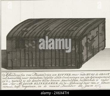 Le coffre à livres dans lequel Hugo Grotius s'est échappé de Loevestein en 1621, 1783, image (en deux plaques) d'une valise dans laquelle Hugo Grotius aurait été transporté de Loevestein à Gorinchem, selon les traditions anciennes, dans l'état où il est aujourd'hui à Amsteldam, qui est dévolu, sous MM. Jacob Klinkhamer, qui a permis le dessin de ceci, sur demande, au mois de décembre 1783 (titre sur objet), le coffre de livre dans lequel Hugo Grotius s'est échappé du château de Loevestein le 22 mars 1621. Image de la poitrine avec couvercle fermé, en possession de Mr. en 1783. Jacob Klinkhamer à Amsterdam Banque D'Images