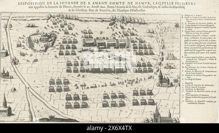 Battle of Fleurus, 1622, disposition de la journee de S. Amand comte' de Namur, laquelle plusieurs ont appellée la Journée de Fleuru, donnée le 29. Aoust 1622. Entre l'Armée de sa Majesté Catholique, & celles de Mansfeld & de Christian Duc de Brunsvic, dit l'Evesque d'Halberstat (titre sur objet), bataille de Fleurus dans le Hainaut entre l'armée du duc chrétien de Brunswick et Ernst Comte de Mansfeld contre l'armée espagnole de Gonzalo Fernández de Córdoba, 29 août 1622. A droite la légende A-l et 1-8 en français., print, imprimeur : inconnu, Sud des pays-Bas, (possiblement Banque D'Images